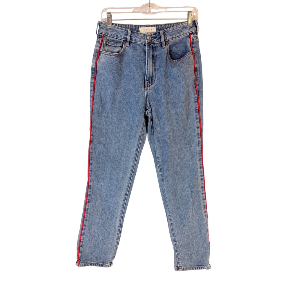 PacSun Mom Jeans Womens 26‎ Blue Denim Red Side Stripe Cropped High Rise